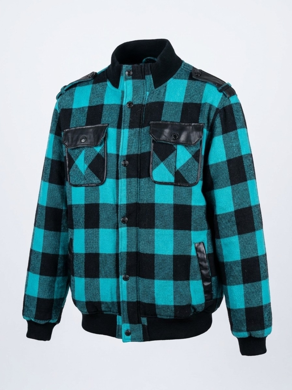 Men's Teal and Black Check Bomber Jacket with Button Front